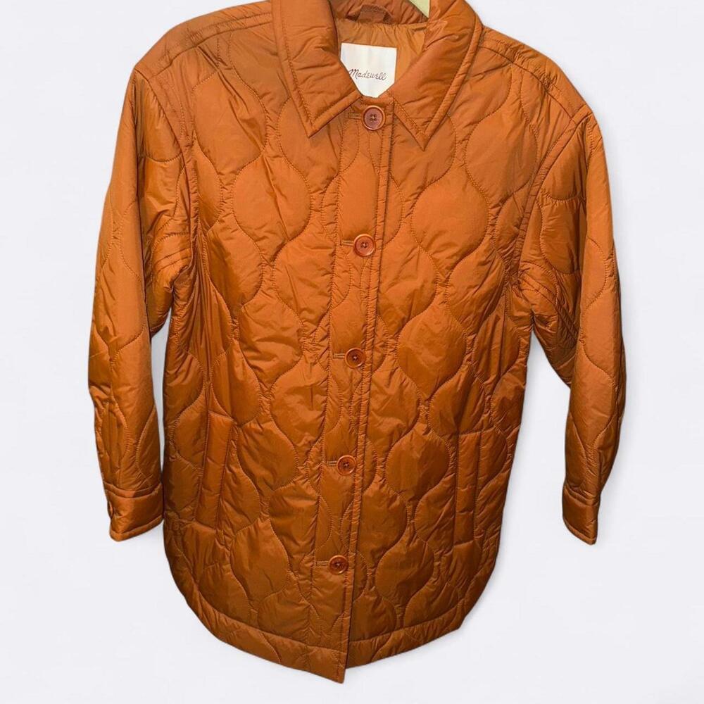 Madewell Airpuff Shirt-Jacket in the color Warm Coffee/Rust orange. - Picture 3 of 4